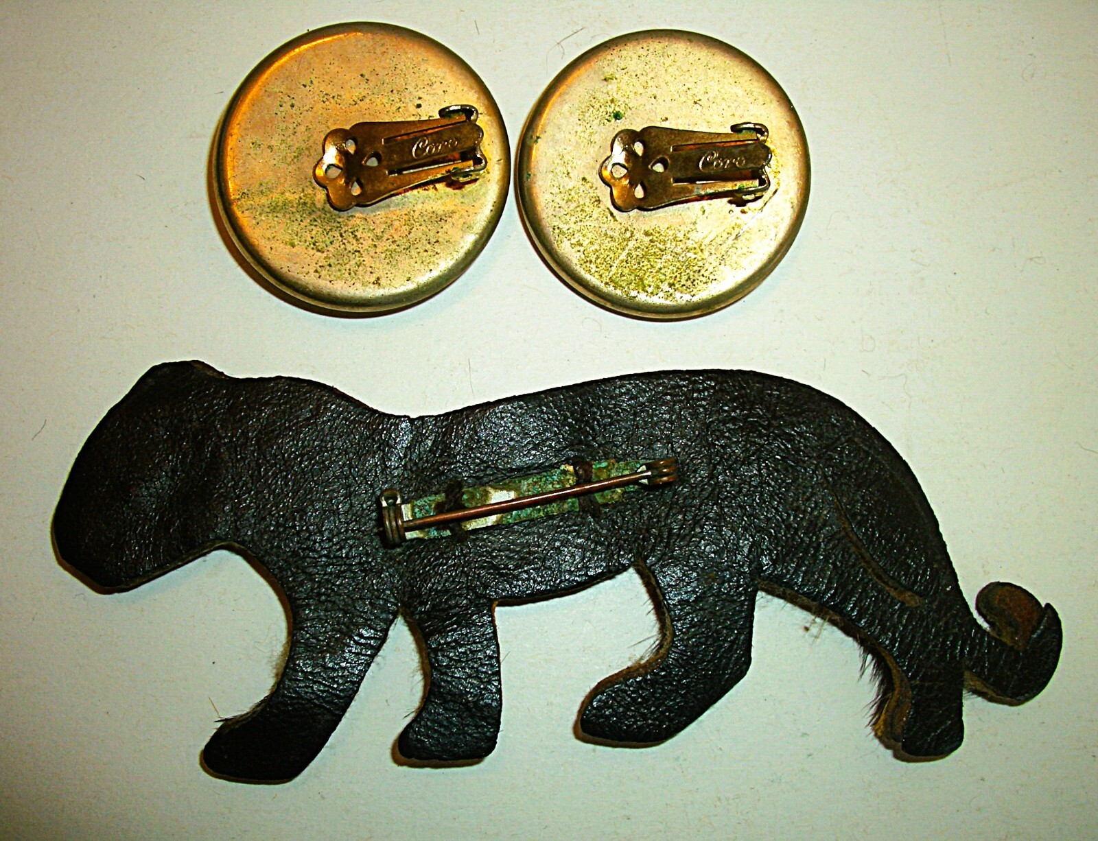 Antique 1919 Coro Script Gold Faux Fur Leopard Rhinestone Pin/Clip On Earrings
