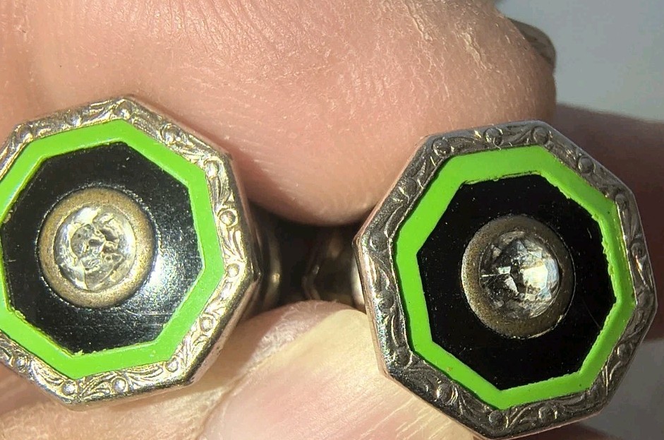 VTG 1930s Snap Link CUFFLINKS CELLULOID BRIGHT GREEN & Black Clear Rhinestone