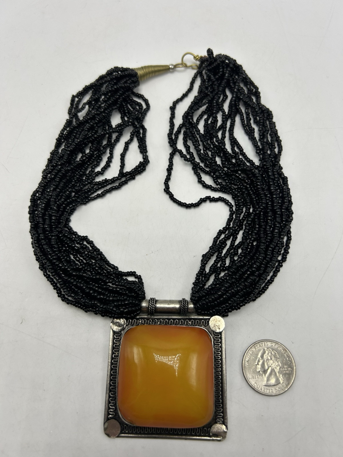 Naja Amber Resin Statement Necklace Multi Strand Black Seed Bead 2″ Pendant Read