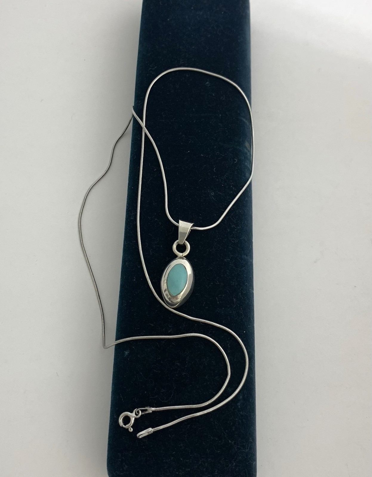 Vintage Mexico 925 Sterling Silver Necklace Blue Turquoise Inlay Pendant