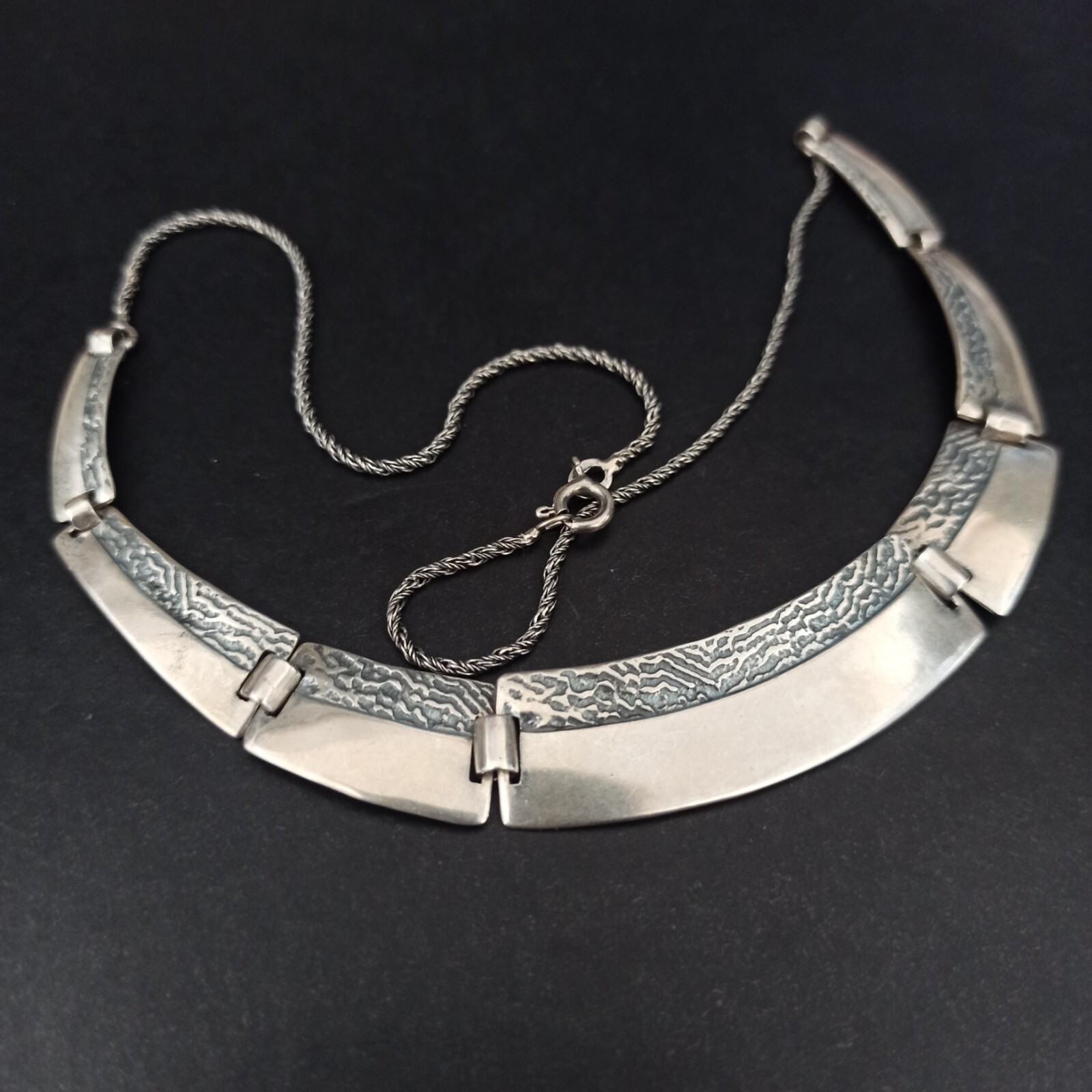 VTG Silver Artisan Necklace Modernist Articulated Links Textured Bib 90s Gift