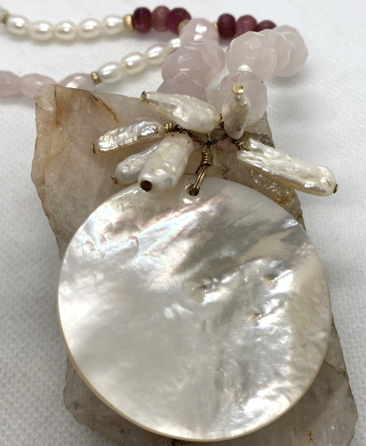 Vintage Rose Quartz Carved Mother of Pearl Tourmaline 18” Necklace 14/20 GF 44g