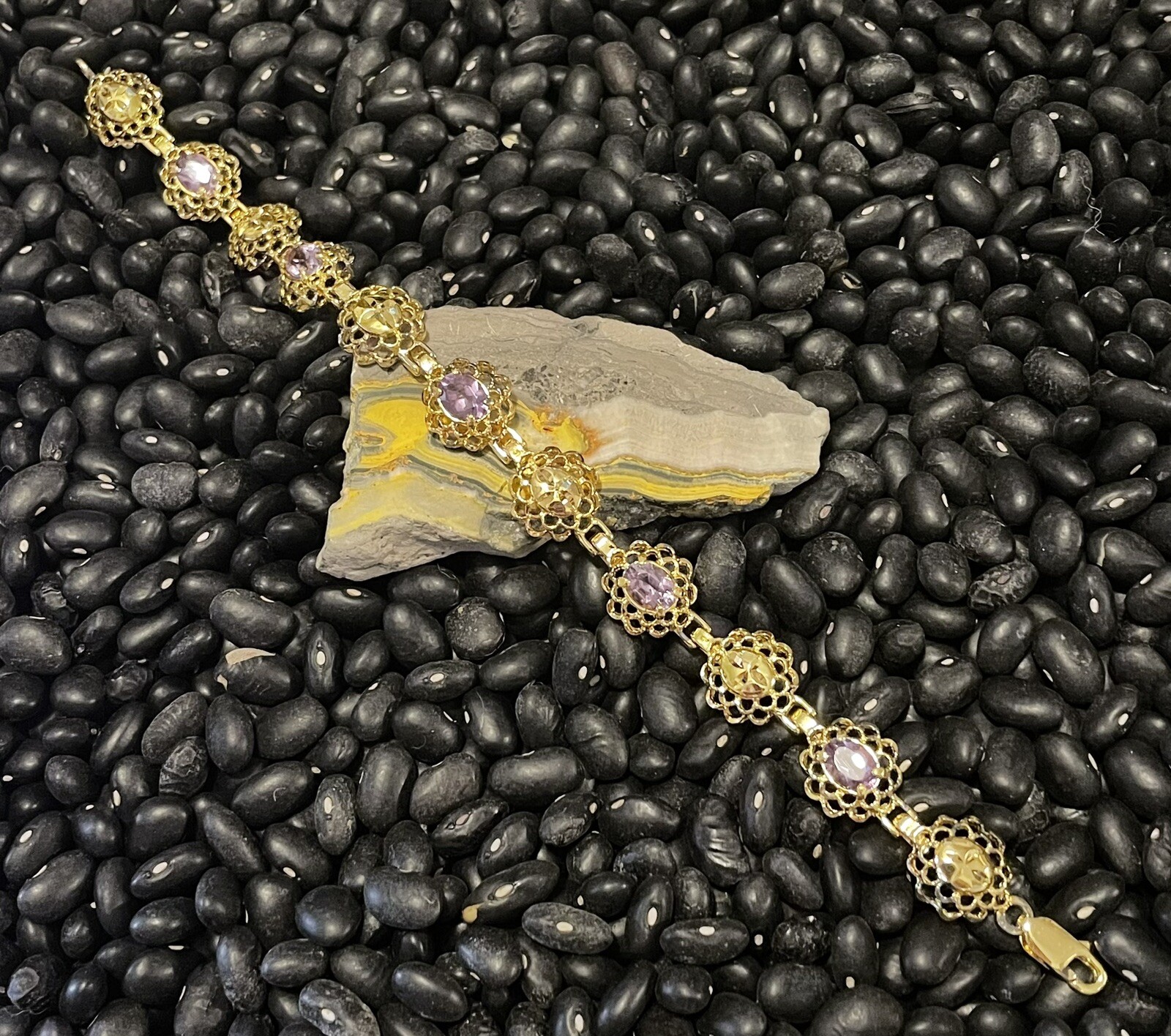 Sterling Silver Gold Vermeil Purple Amethyst Etched Open Work Tennis Bracelet
