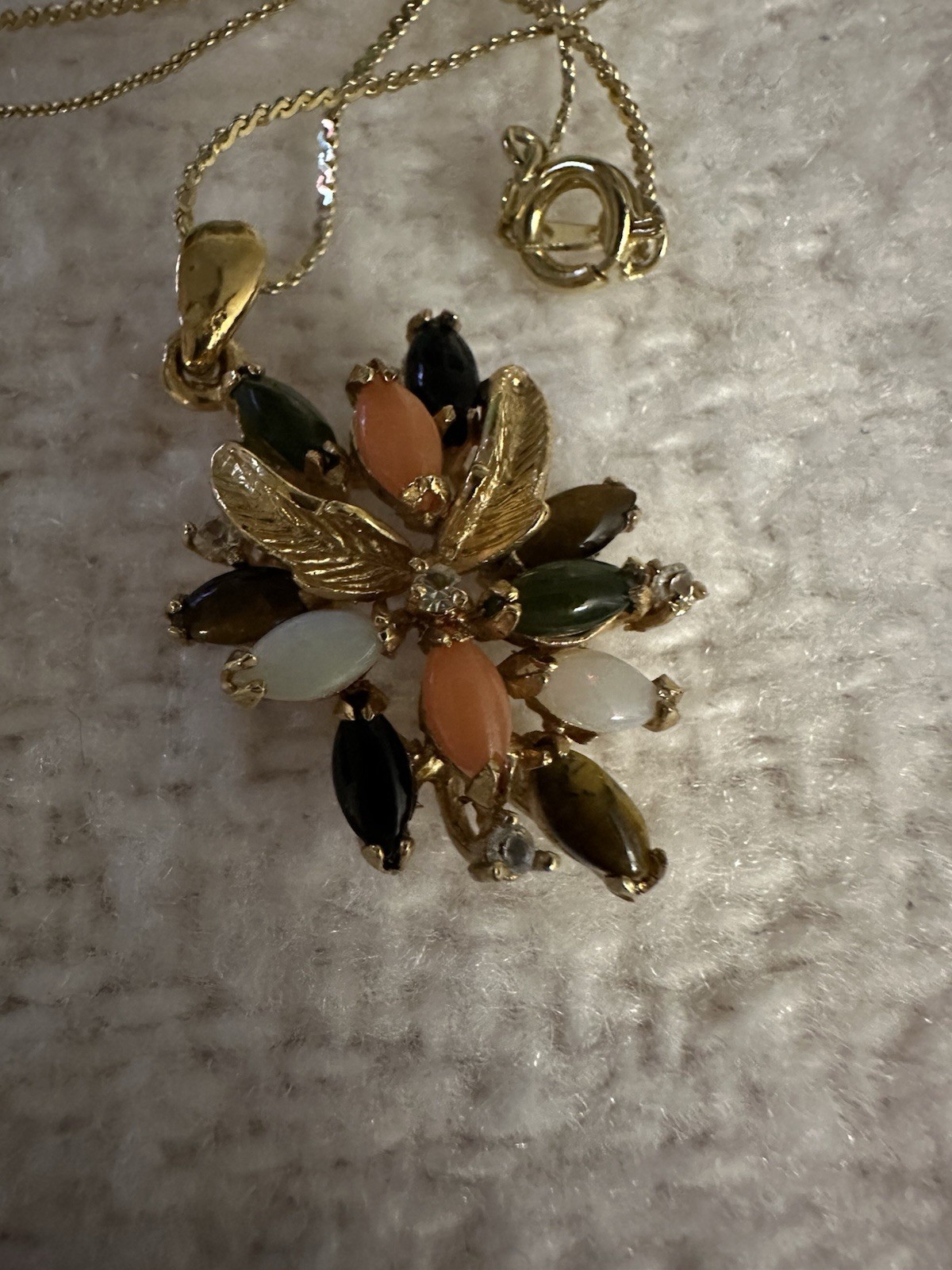 Gold Tone Gemstone Pendant Necklace Vintage Jade Coral Tigers Eye Opal