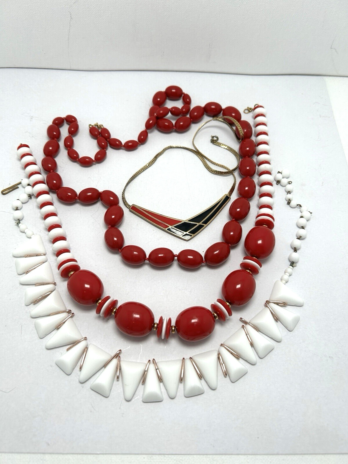 Vintage Signed Necklace Lot Monet Trifari Avon West Germany Red White Mod 4pc