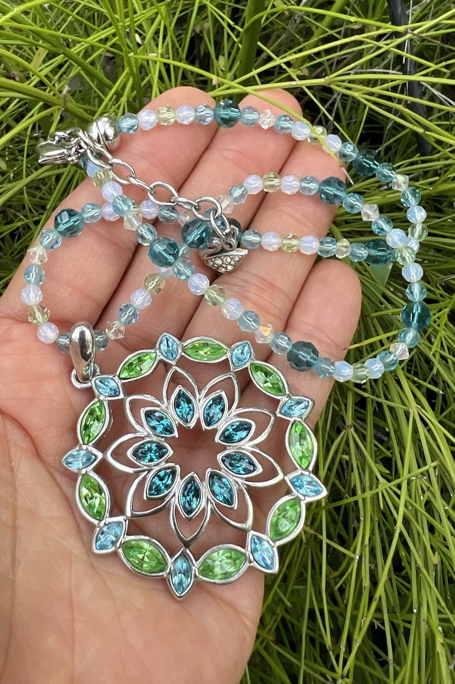 Swarovski Crystal Mandala Medallion Statement Necklace Blue Green Teal Swan VTG