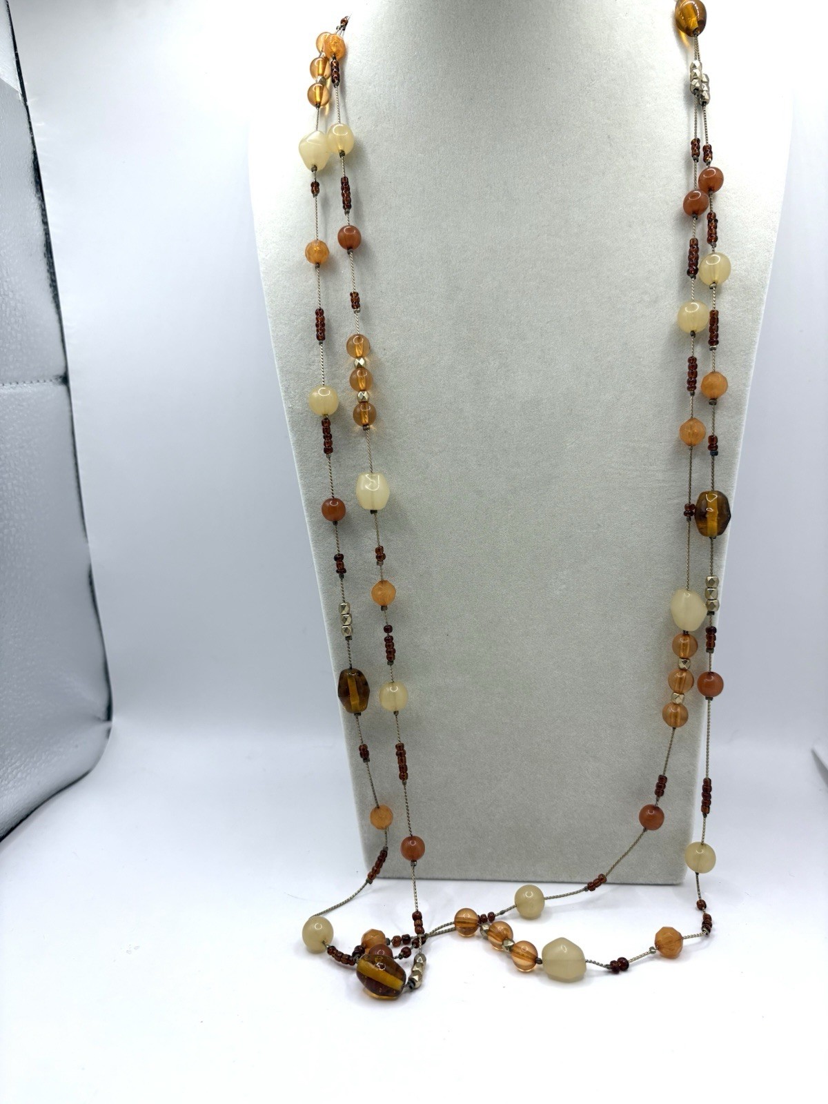 Amber & Honey Colored Glass Gold Tone Stationed Long Necklace By Designer VCLM