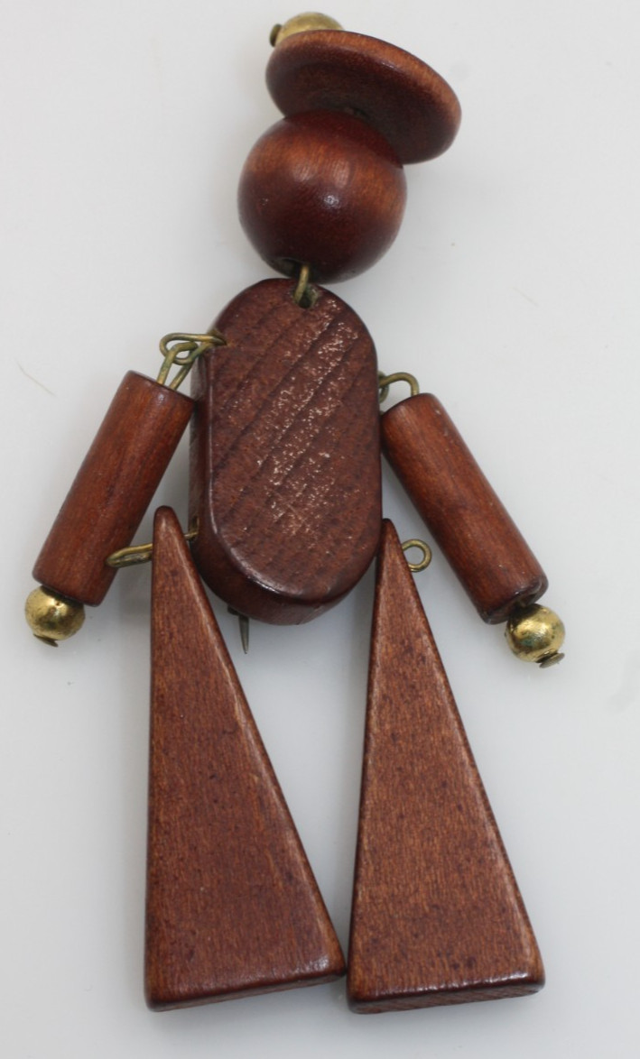 Vintage Wood Wooden Jointed figural man person brass bead Pin Brooch