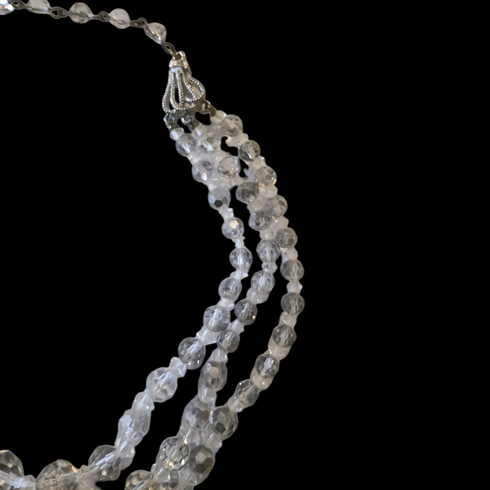 Vintage 3 Strand Crystal Glass Choker Necklace Clear Gray Faceted Beads 12–15″