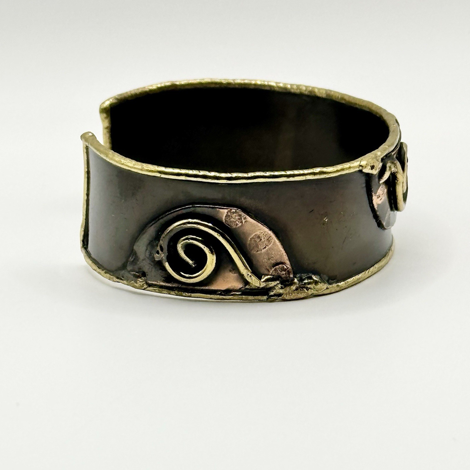 Vintage Brutalist Mixed Metals Cuff Bracelet Brass Copper Modernist Adjustable