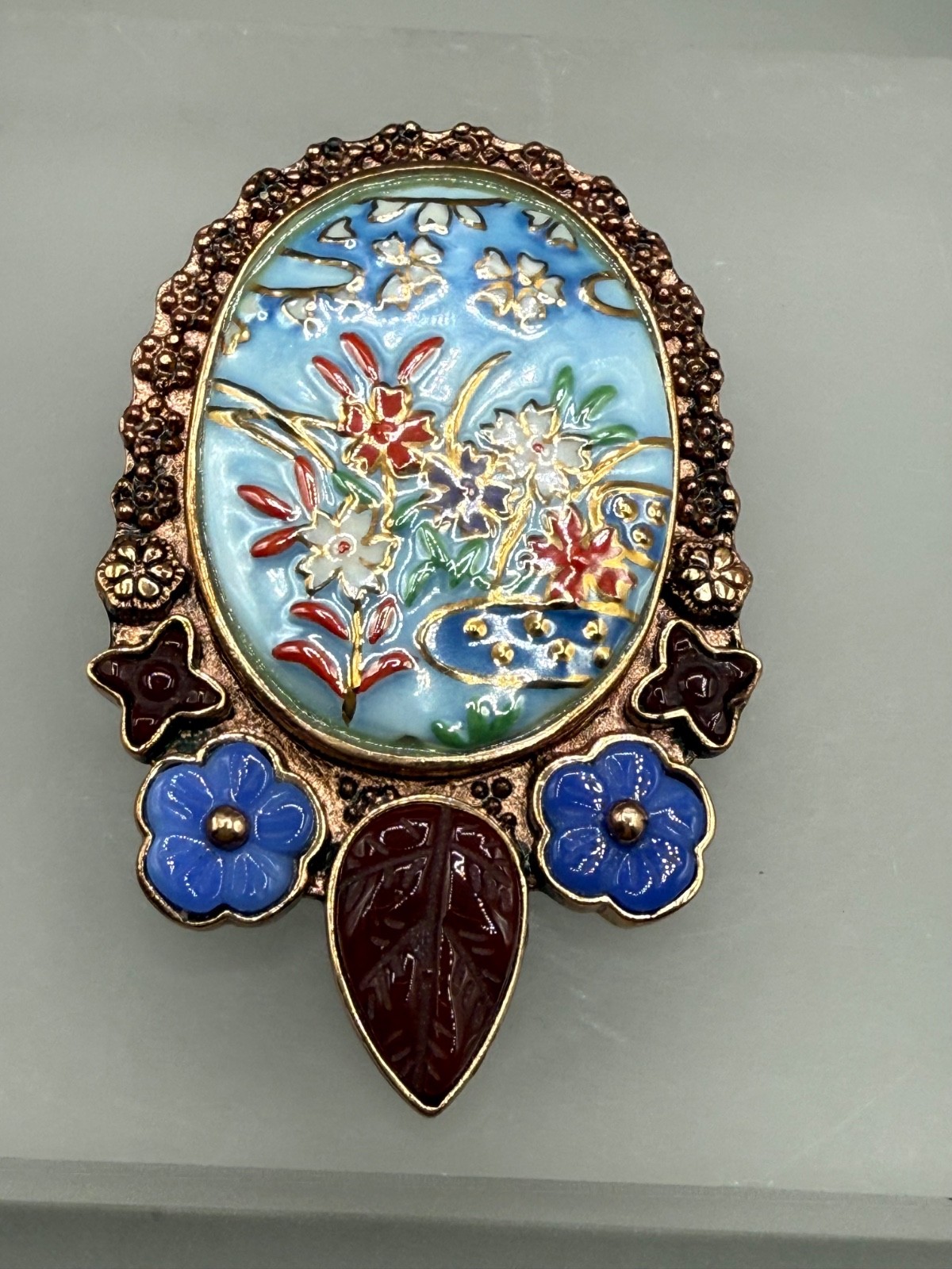 AMY KAHN RUSSEL SIGNED BRONZE ENAMEL STONE STATEMENT PENDANT BROOCH ROSE GOLD