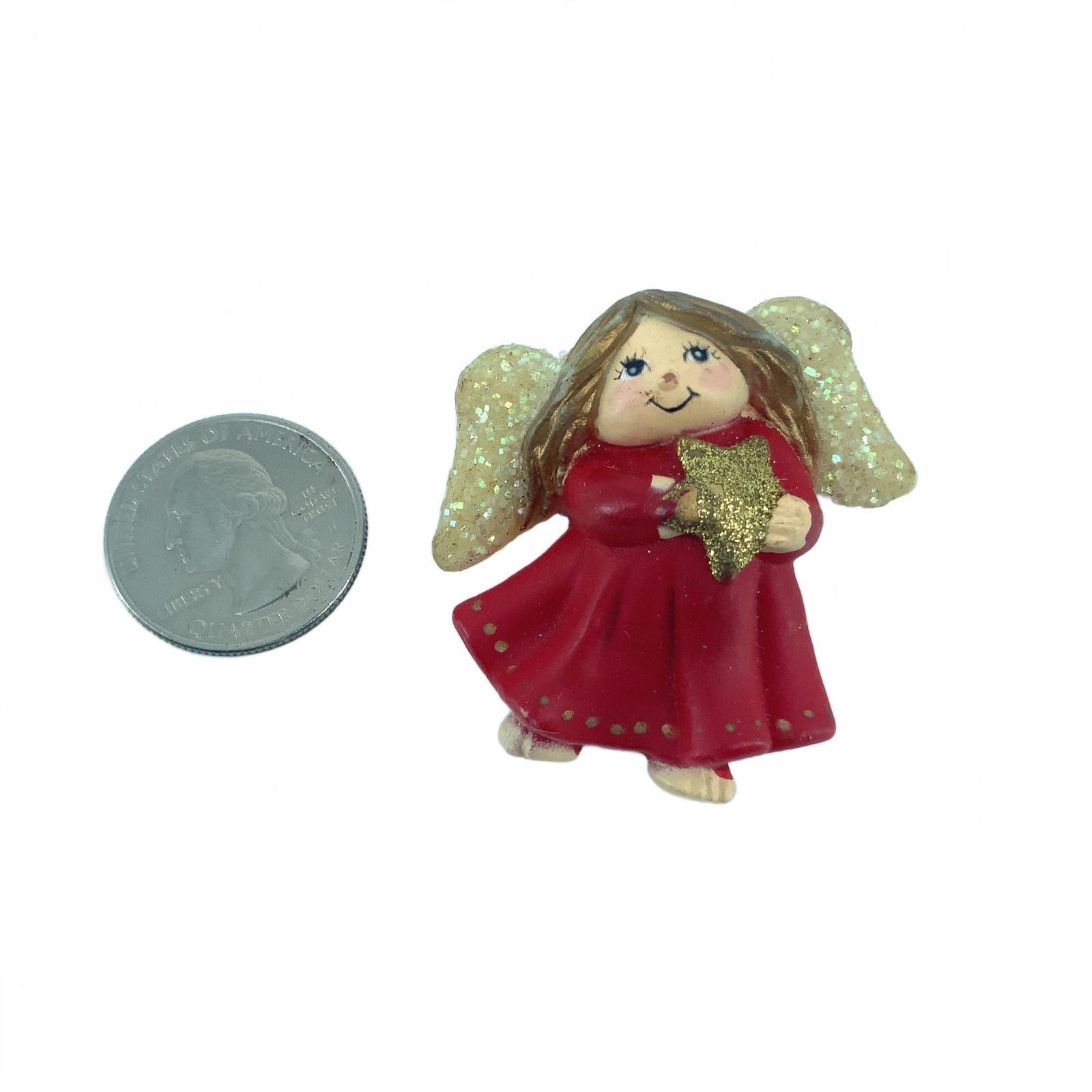 Vintage Fun World Resin Christmas Angel Pin Red Gold Glitter Holiday Brooch