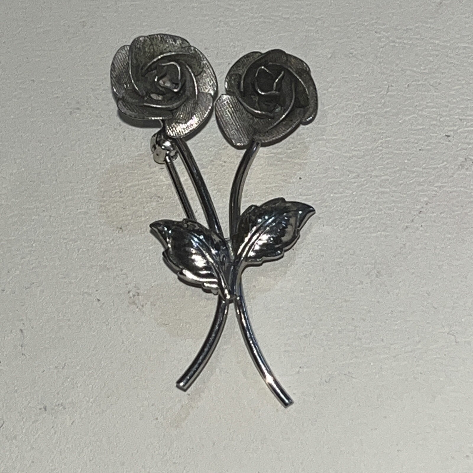 Sterling Silver Double Rose Flower Brooch Pin 1.5 Signed AC