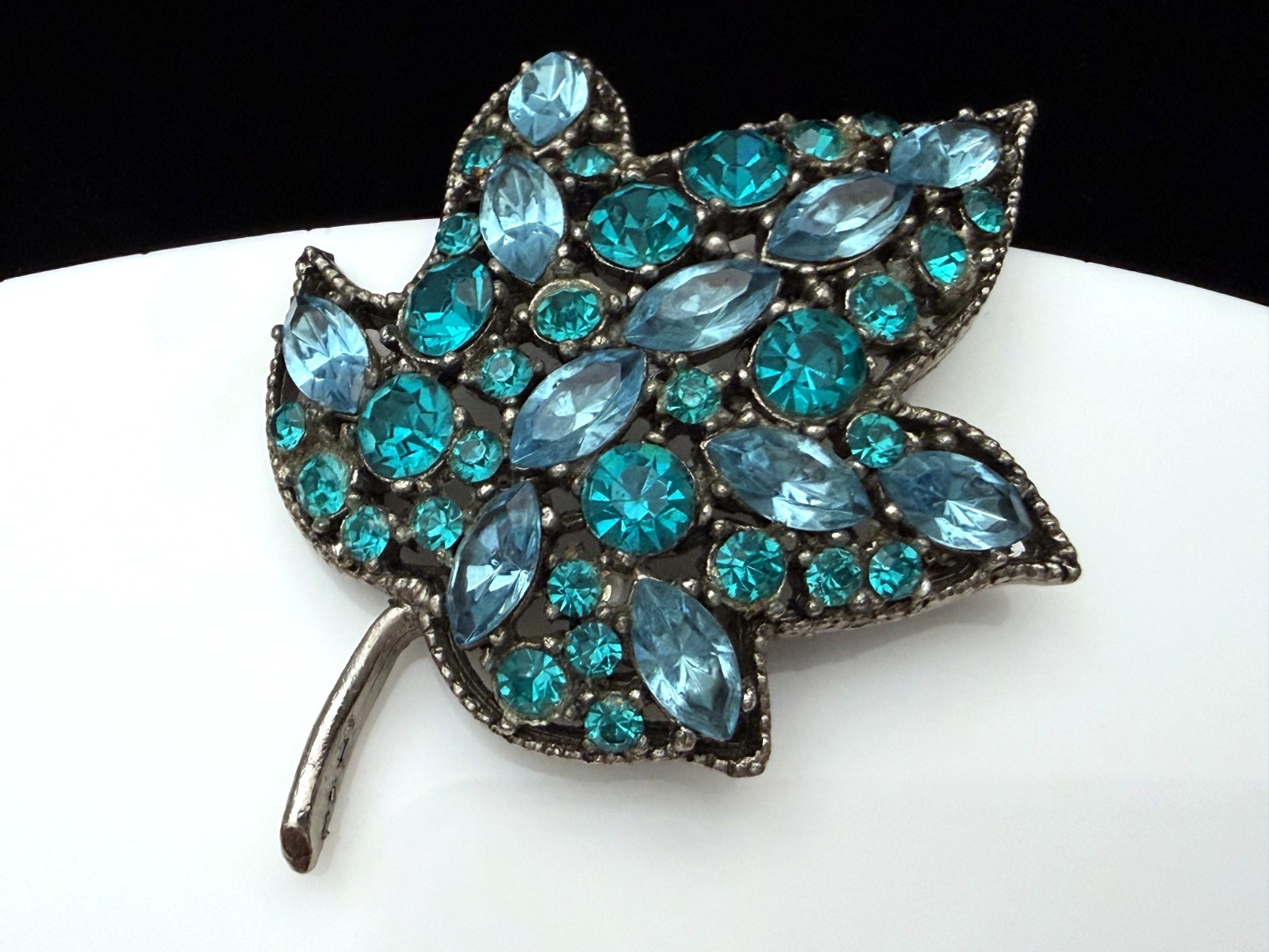 Vintage Blue & Teal Rhinestone Leaf Figural Brooch Pin