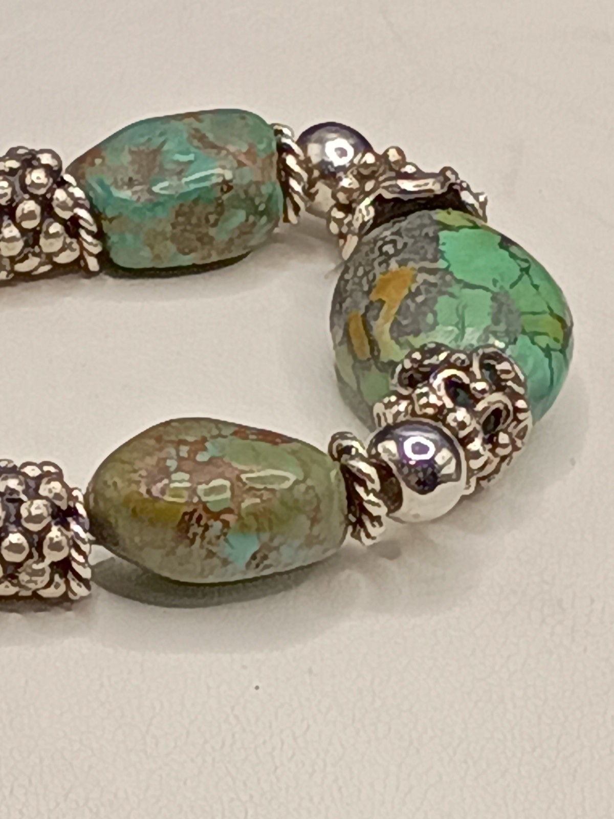 Vintage Green Turquoise Nugget Silver Bracelet Sz 7.75 Untested Popcorn Bead 40g