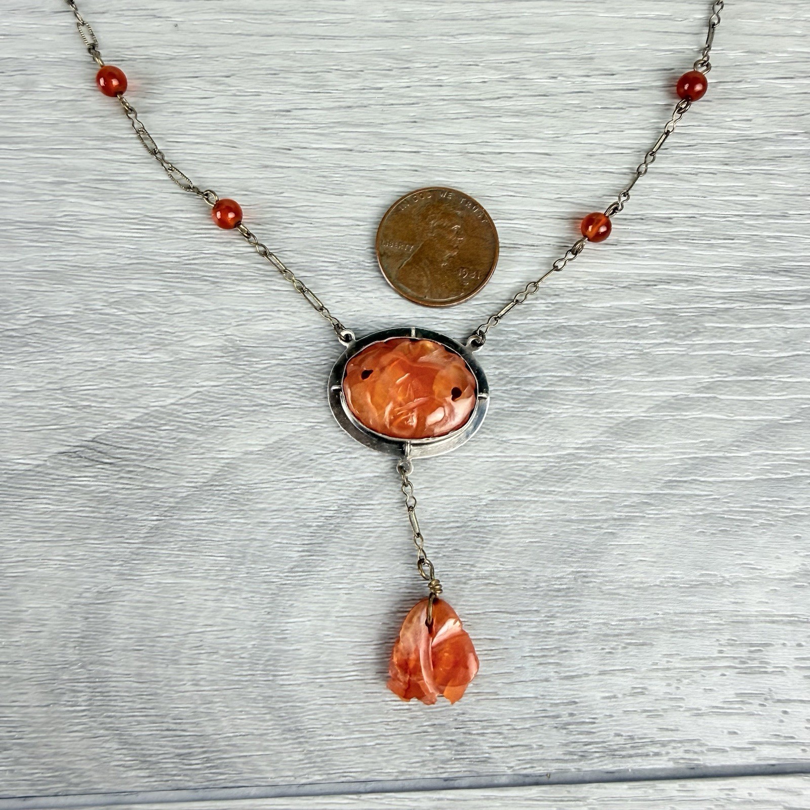 Antique Vintage Carved Carnelian Silver Pendant Necklace Art Deco