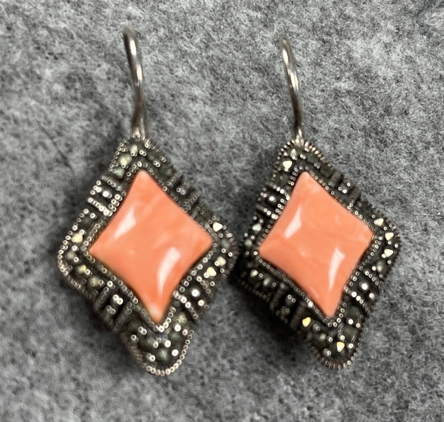 A 925 Vintage Sterling Silver 925 Marcasite Faux Coral Dangle Earrings 6.9g