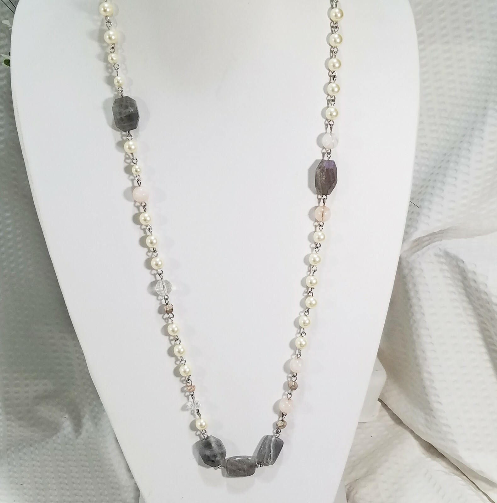 Vintage Asymmetrical Pearl Bead and Gray Agate Bead Rosary Style Necklace