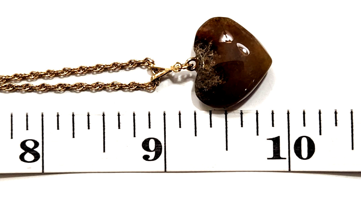 Vtg Dendritic Agate Heart Pendant Necklace Goldtone Rope Chain Earthtones Retro