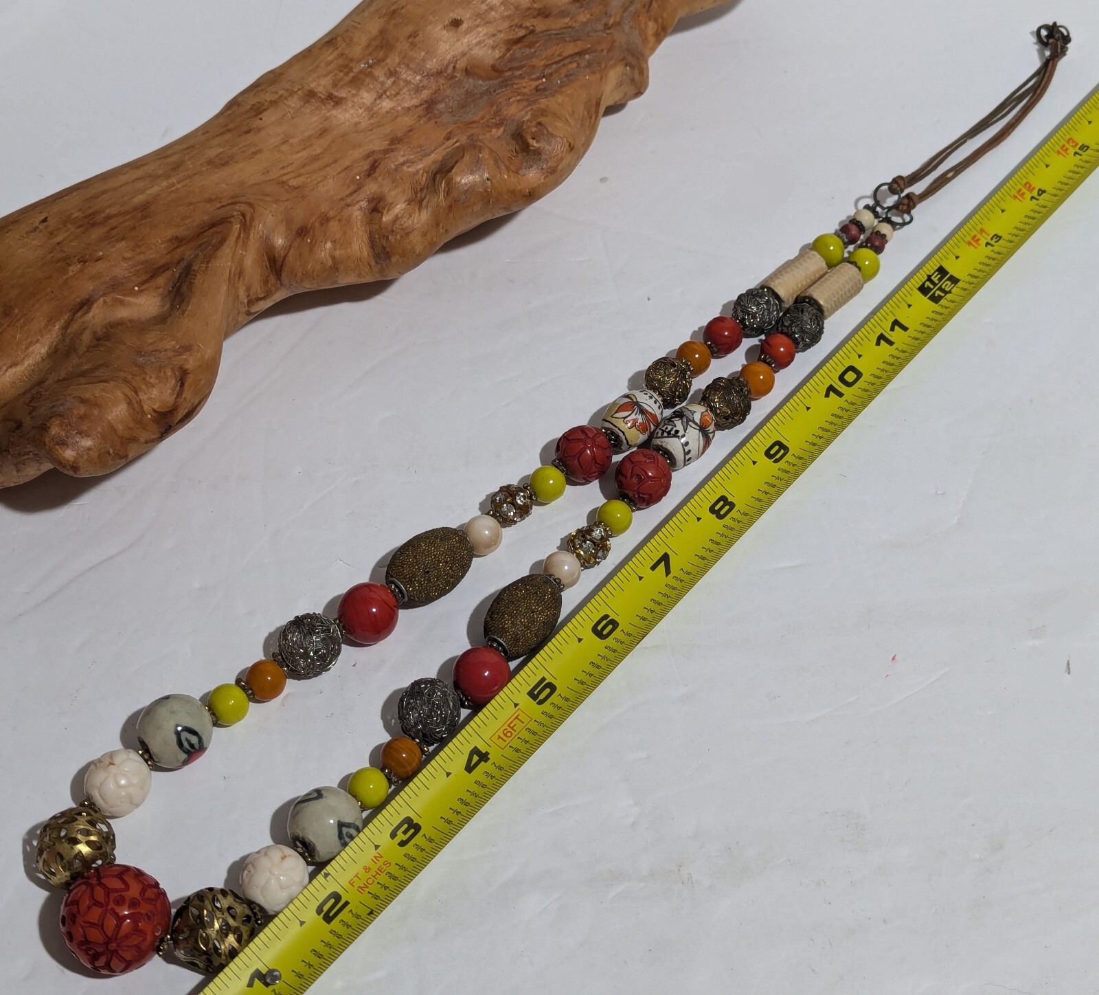 Asian Inspired 34” Long Beaded Necklace Ceramic Beads Rhinestones Wood and Glass