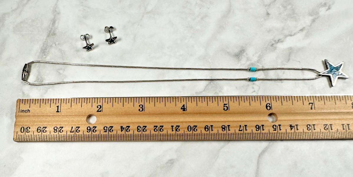 Sterling Silver Star Necklace & Stud Earrings w/ Turquoise Chip Inlay – 14″