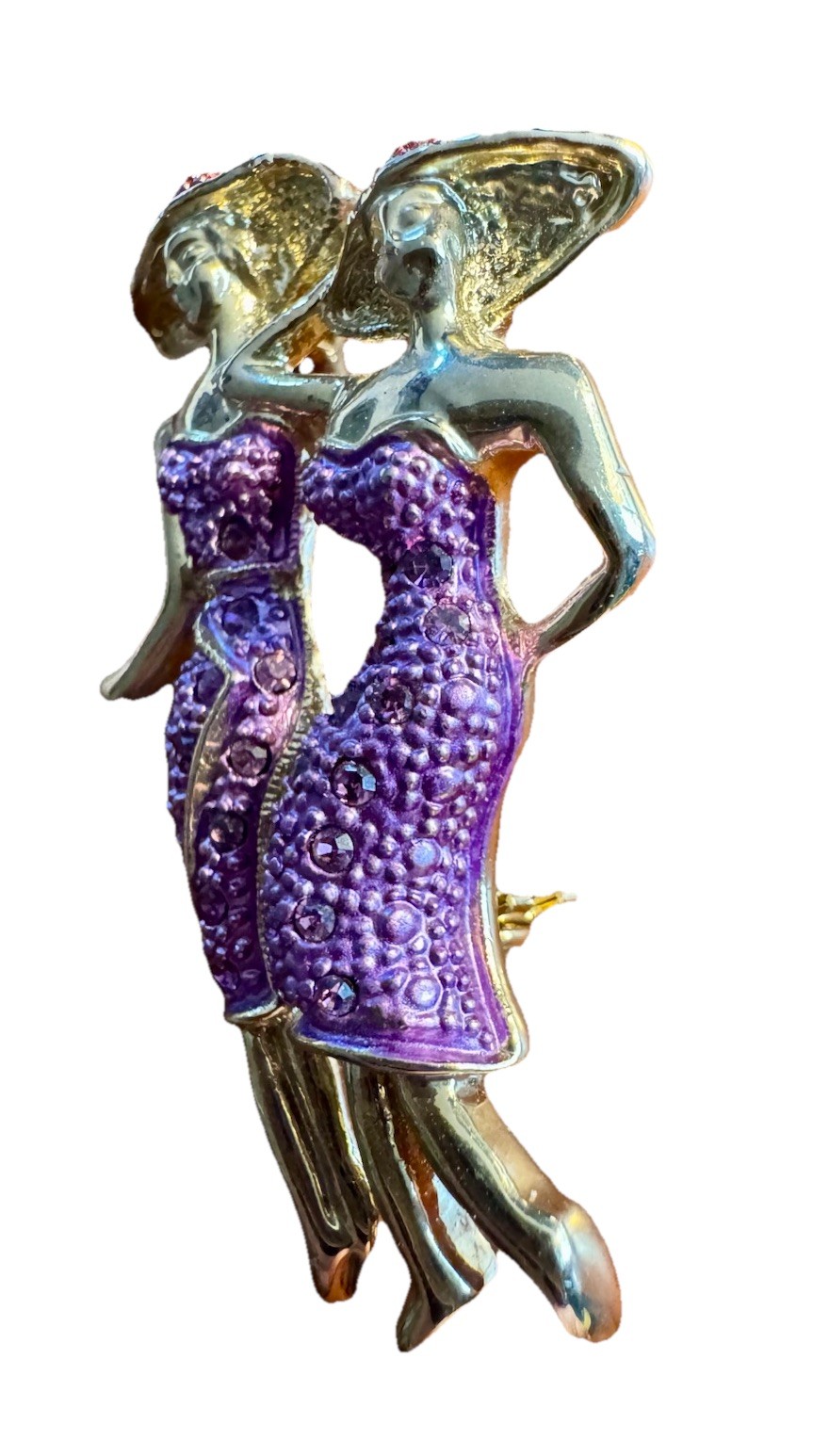 Vintage Gold Tone with Rhinestones Red Hat Ladies in Purple Pin, Unbranded