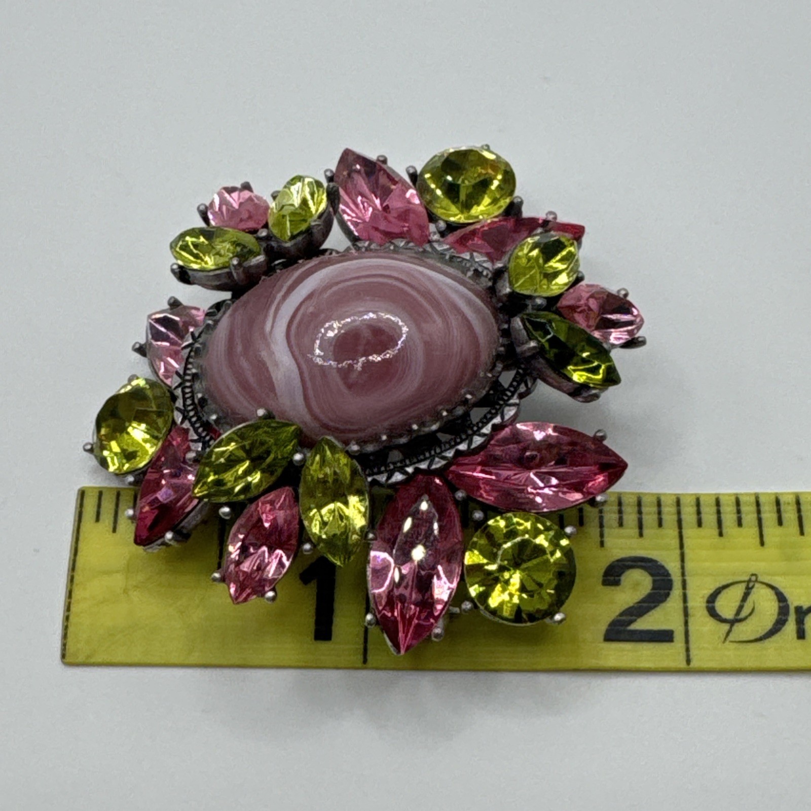 Vintage Flower Large Pink Center Stone with Pink and Green Crystals Brooch Pin