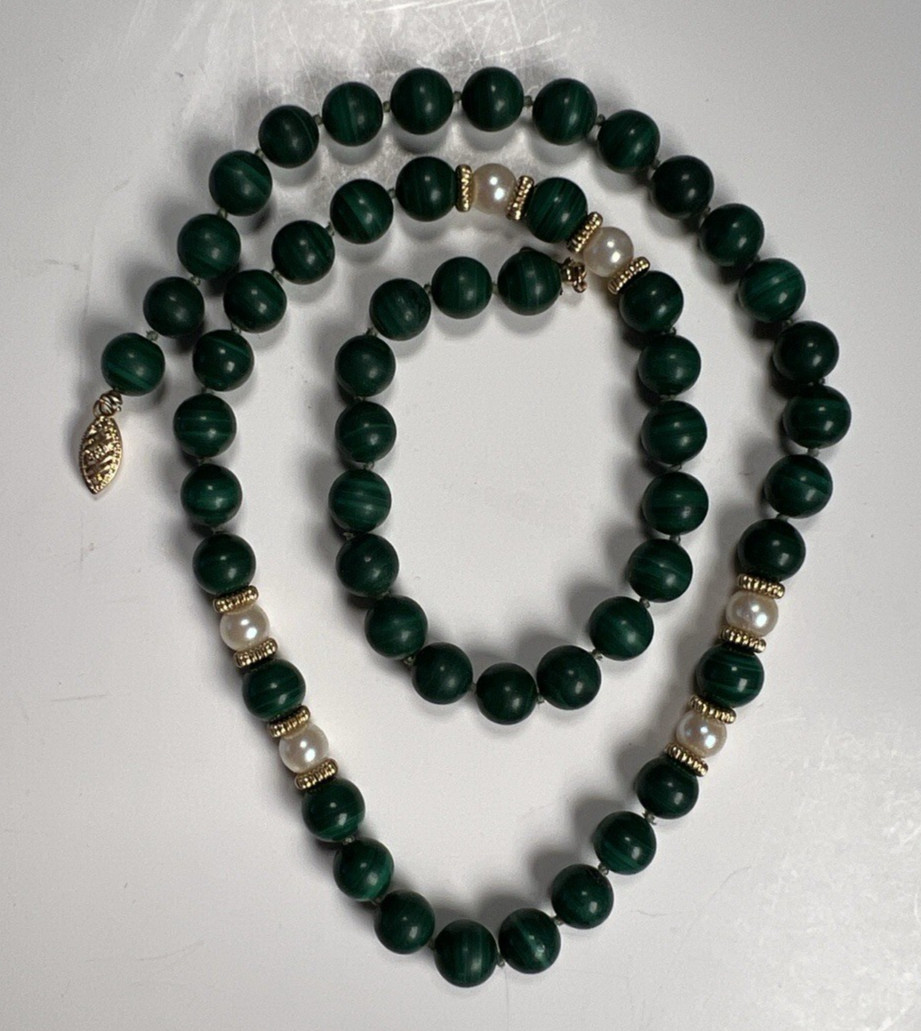 Beaded Malachite Pearl 21″ Necklace 14K Fish Hook Clasp