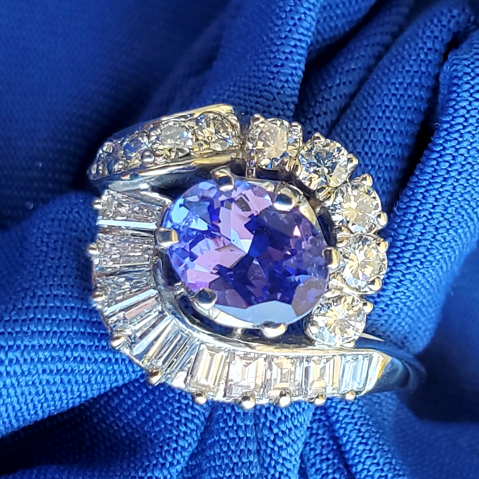 Original EARTH MINED TANZANITE DIAMOND DECO Engagement Ring Solitaire 14K GOLD 7