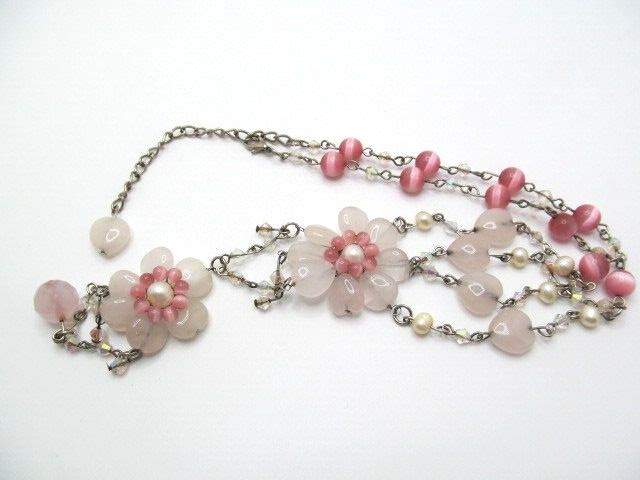 Stunning Pearl Pink Cats Eye Pink Quartz Stone Heart Flower Lariat Necklace