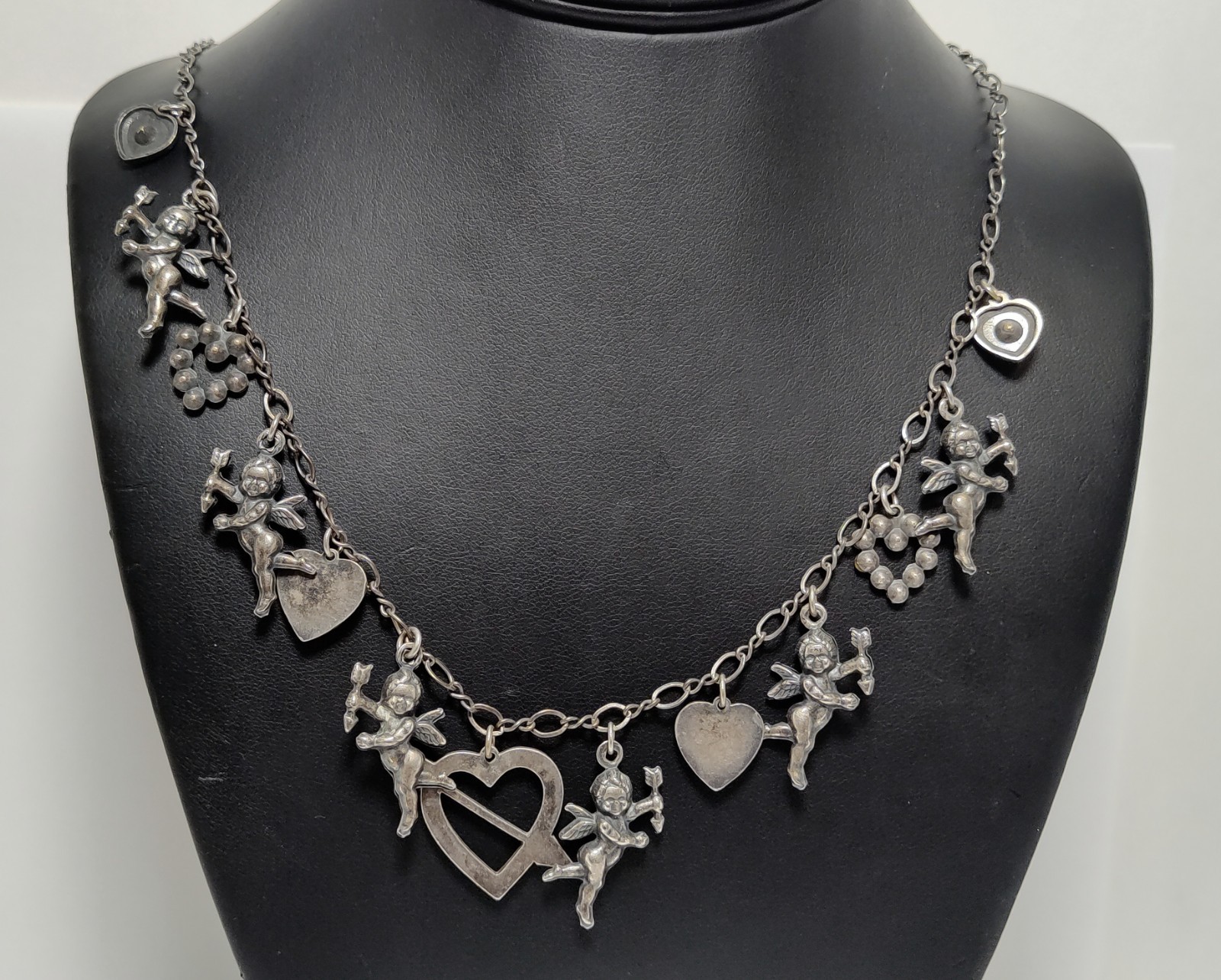 Lovely Vtg signed TOP SHELF JEWELRY AB Rhinestone Angel Design Silver Necklace