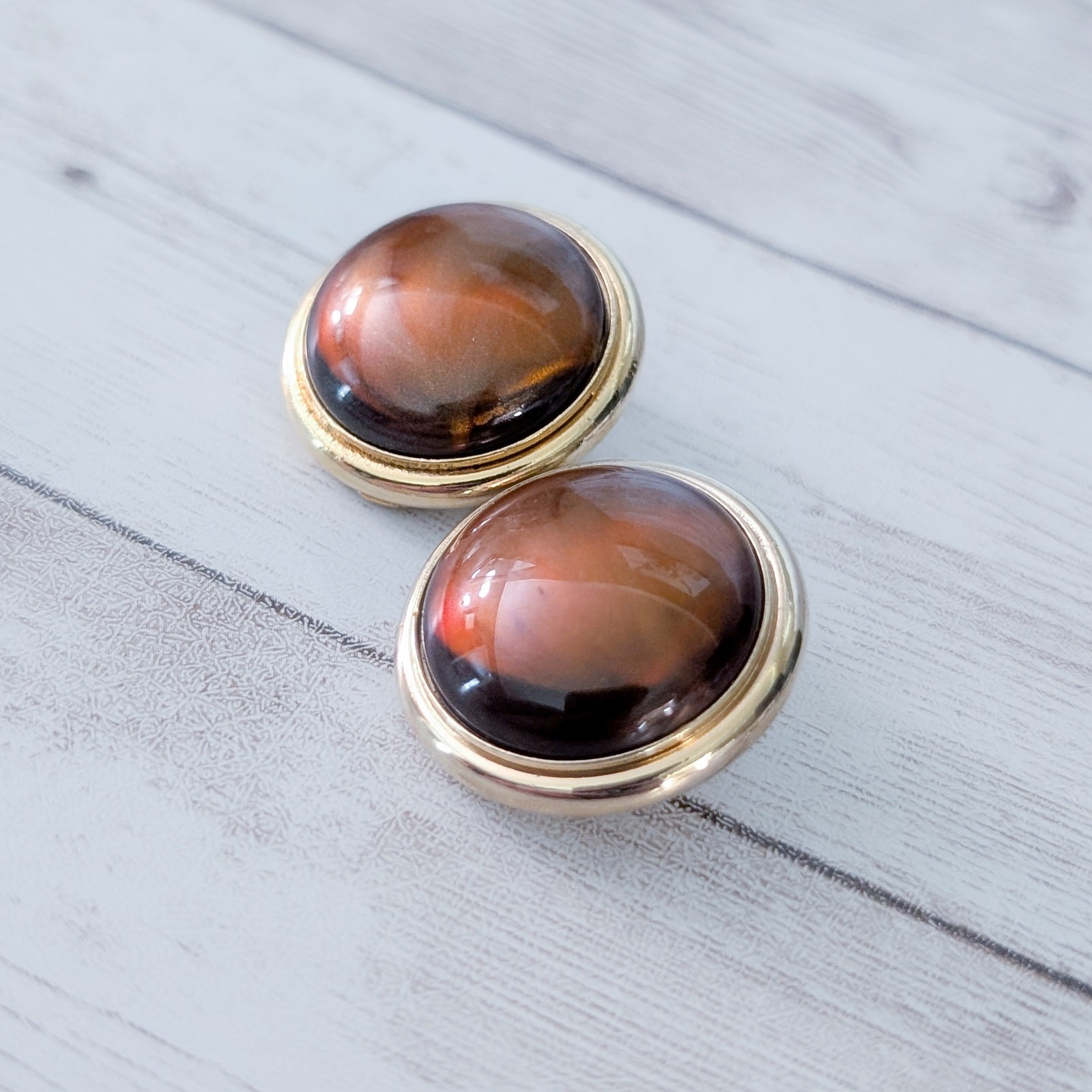 Vintage Clip On Earrings Large Shiny Brown with Gold Tone Halo 1 & 1/8″