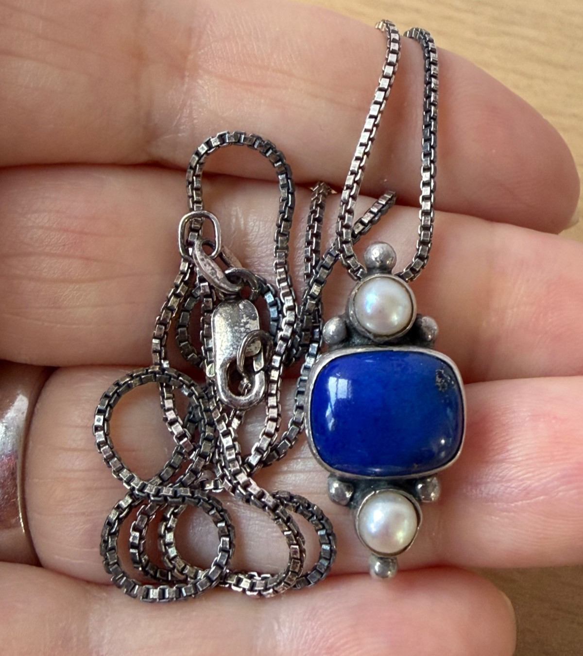 VINTAGE JGD JANICE GIRARDI LAPIS PEARL PENDANT CHAIN NECKLACE 925 STERLING SLVER
