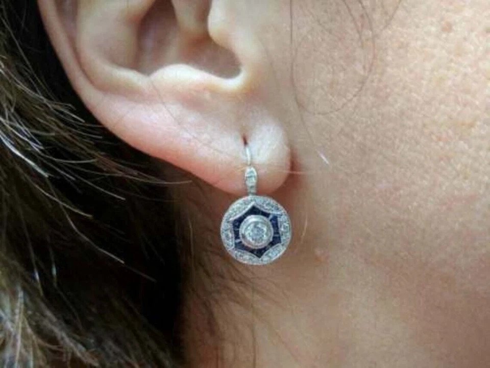 3.75Ct Art Deco Style Lab Created Diamond & Sapphire 14K White Gold FN Earrings