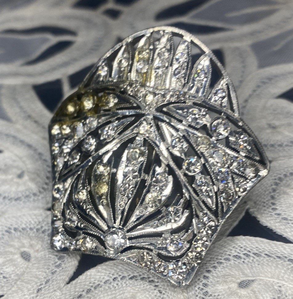 Vintage Art Deco Engraved Fishsom Silver it’s Clear Rhinestone Brooch Shield