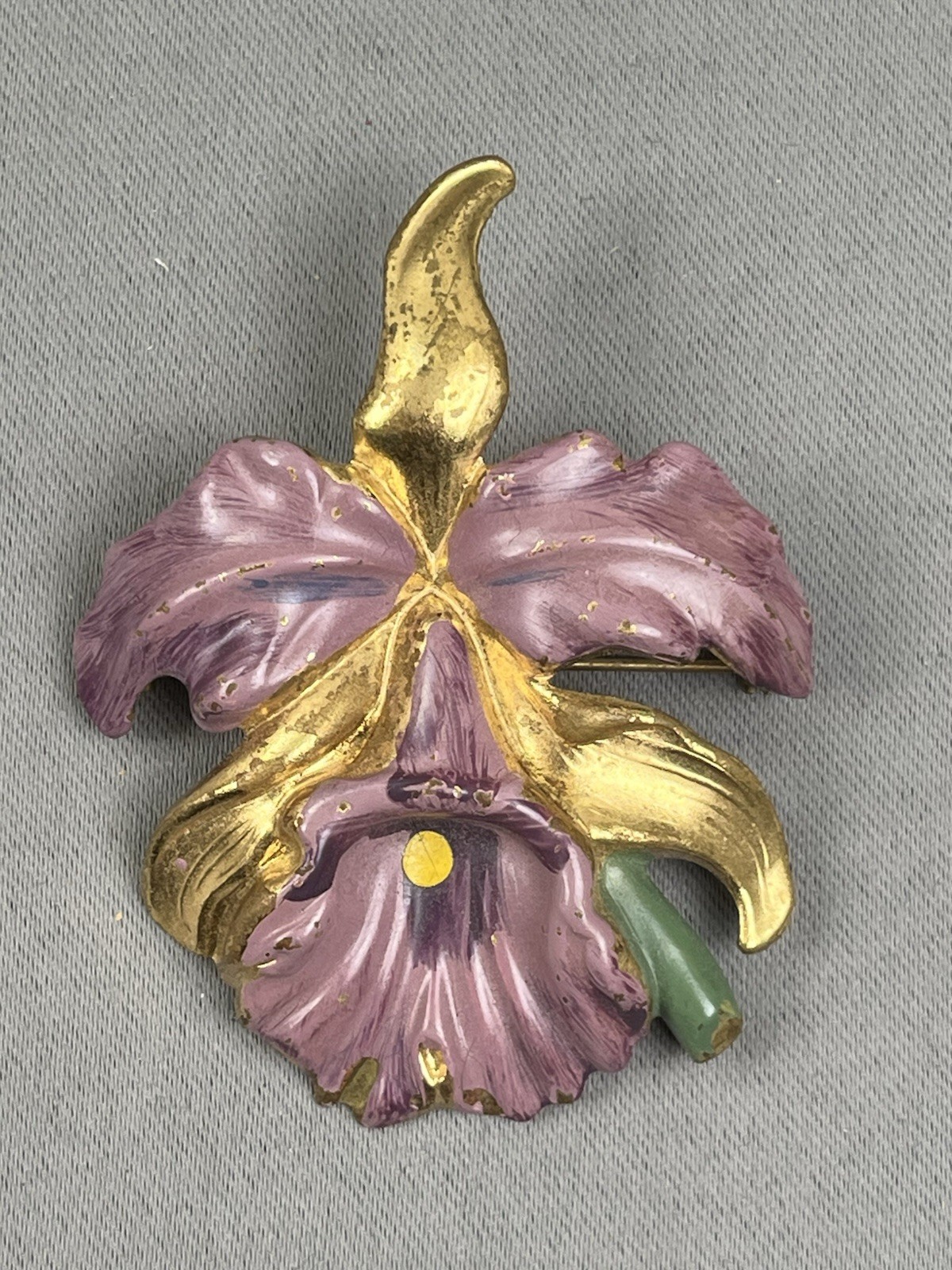 Vintage Orchid Brooch Purple Gold-Tone 1950s Flower Pin Corsage Brooch Painted