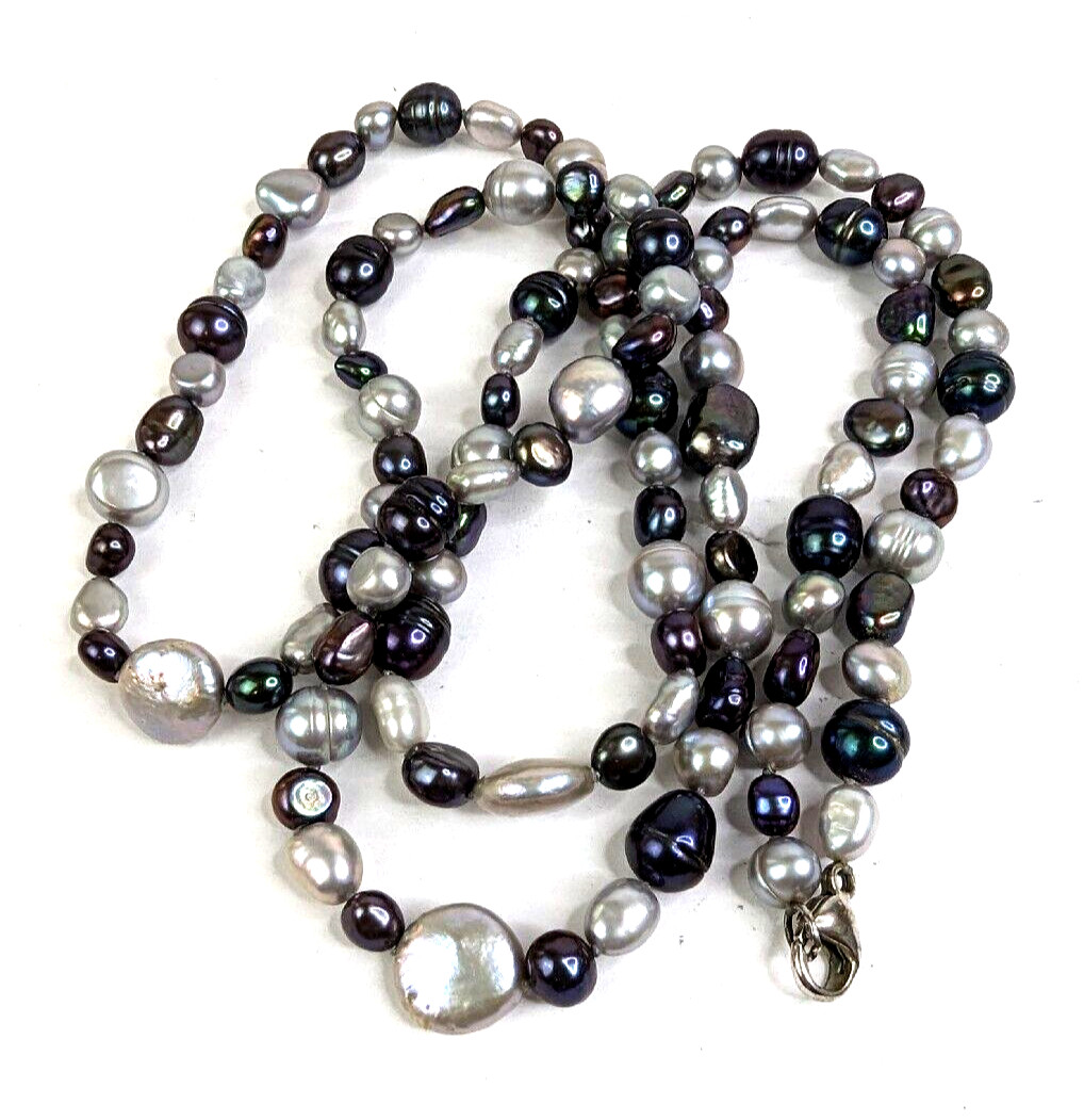 Genuine Baroque Pearl Black Peacock Luster and Silver Gray Necklace 36″ Stunning