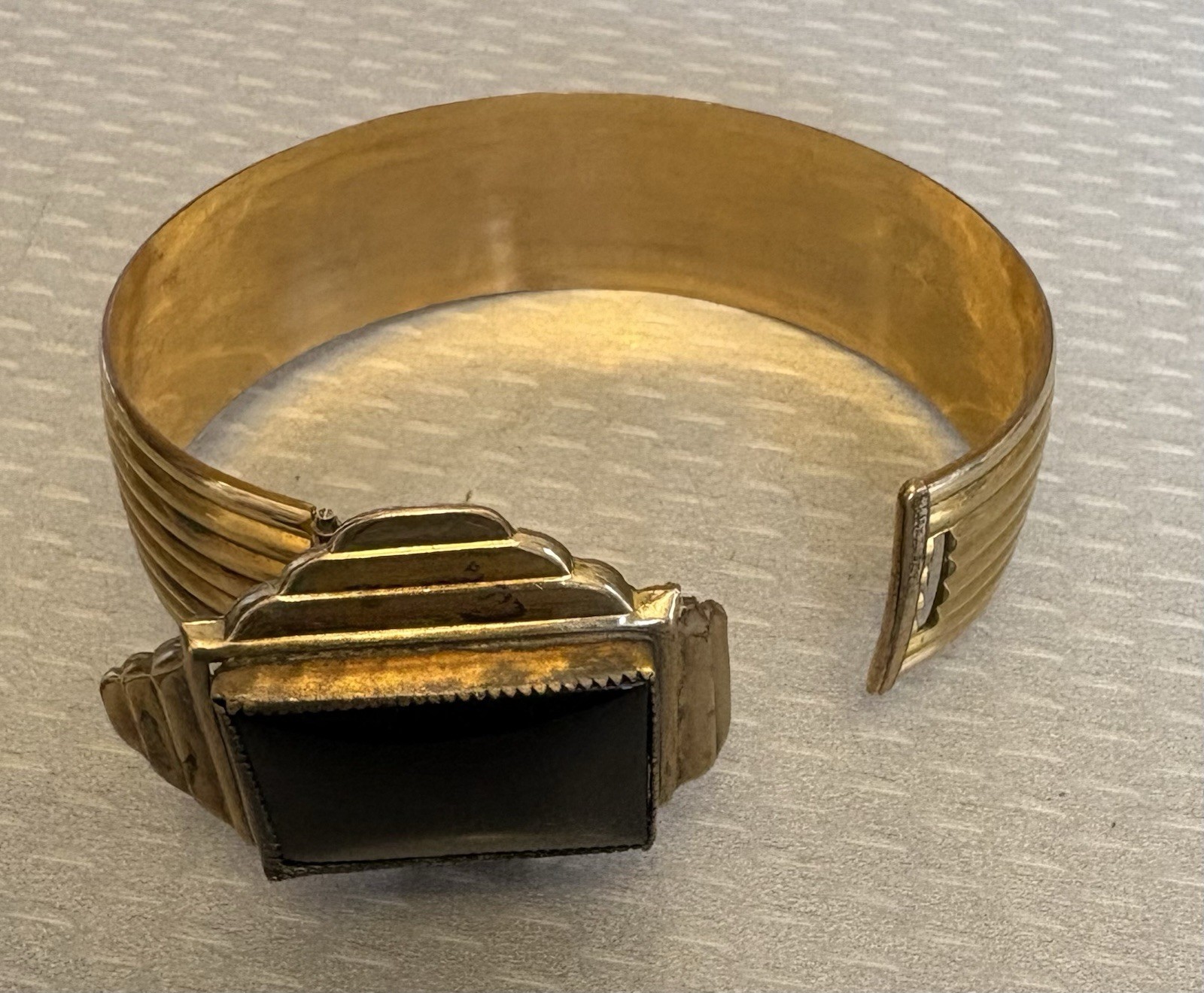 Art Deco Signed MARSH Gold Plate Bangle Snap Open Hidden Secret Locket Bracelet