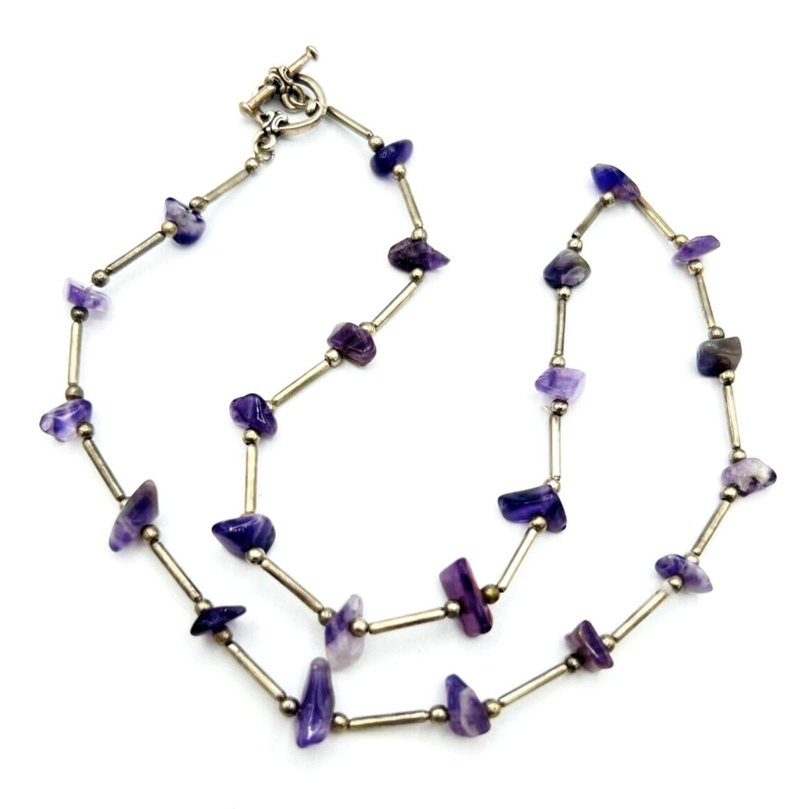 Vintage Purple Amethyst Chip Silver Tone Tube Bead Necklace 17 in