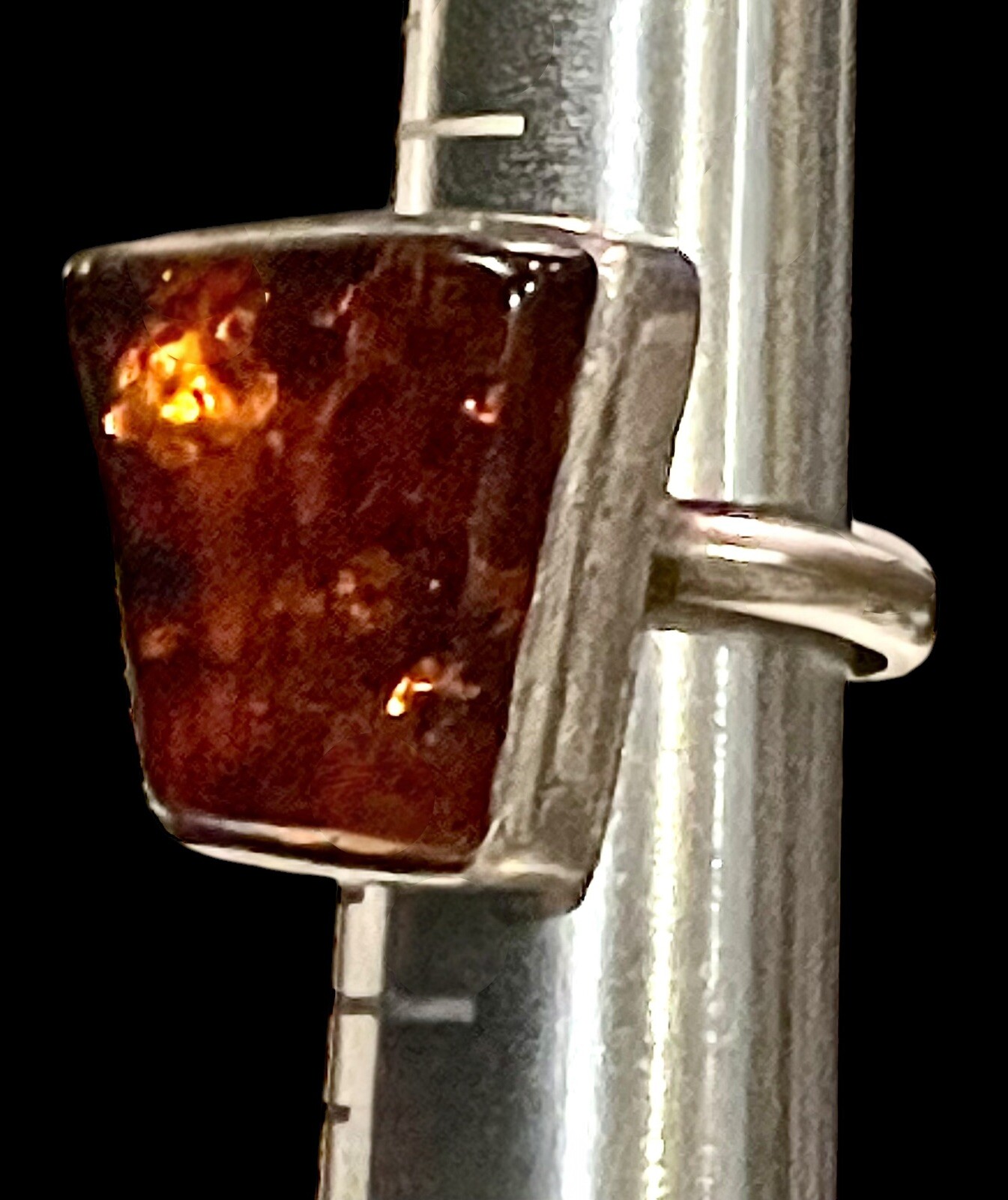 Vintage Baltic Sea COGNAC AMBER Ring Sz 6 Brutalist Sterling Silver 10g Nice EUC