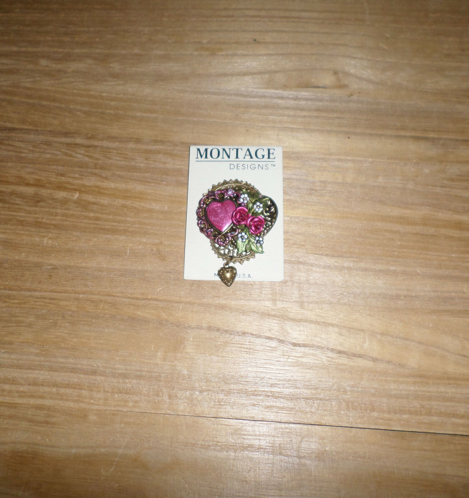 Montage Designs Brass Collage PIN BROOCH – Hearts and Flowers – Made in the USA!