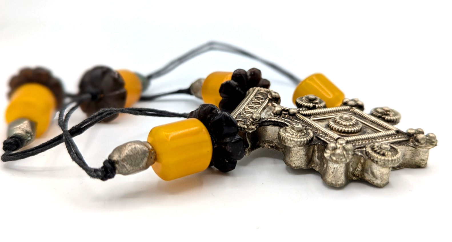 Vintage Coptic Amber Tribal Necklace Yellow Boho Moroccan Berber Amulet Pendant