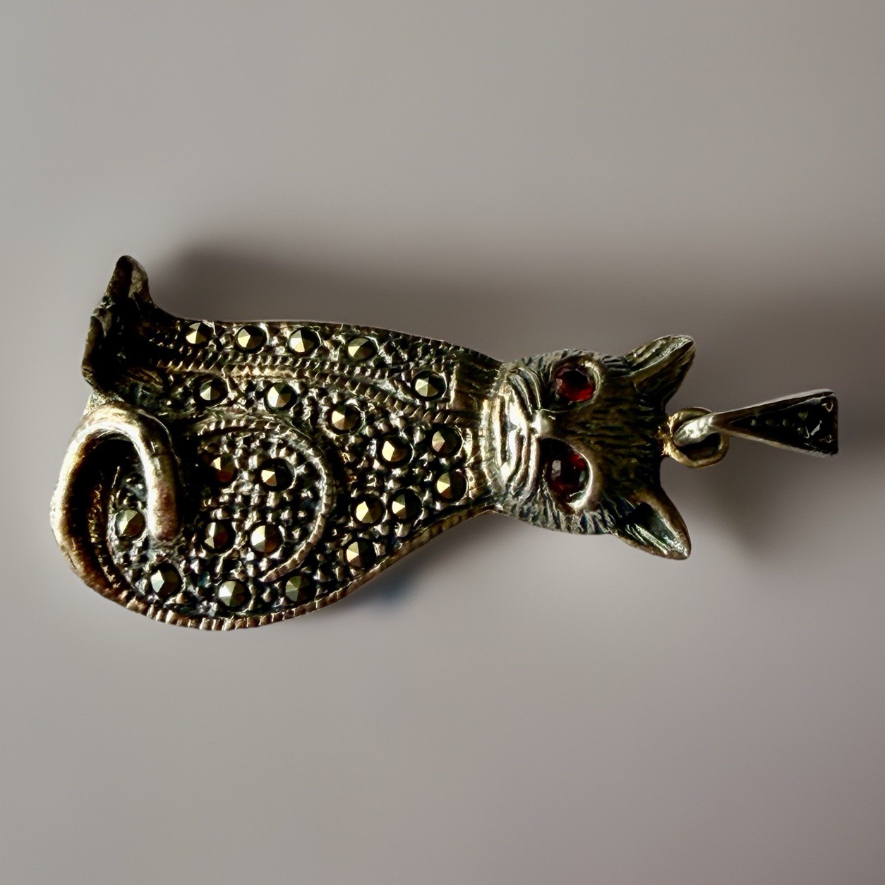 Vintage Sterling Silver 925 Cat Marcasite Pendant With Red Garnet Eyes 1.5”, 6g