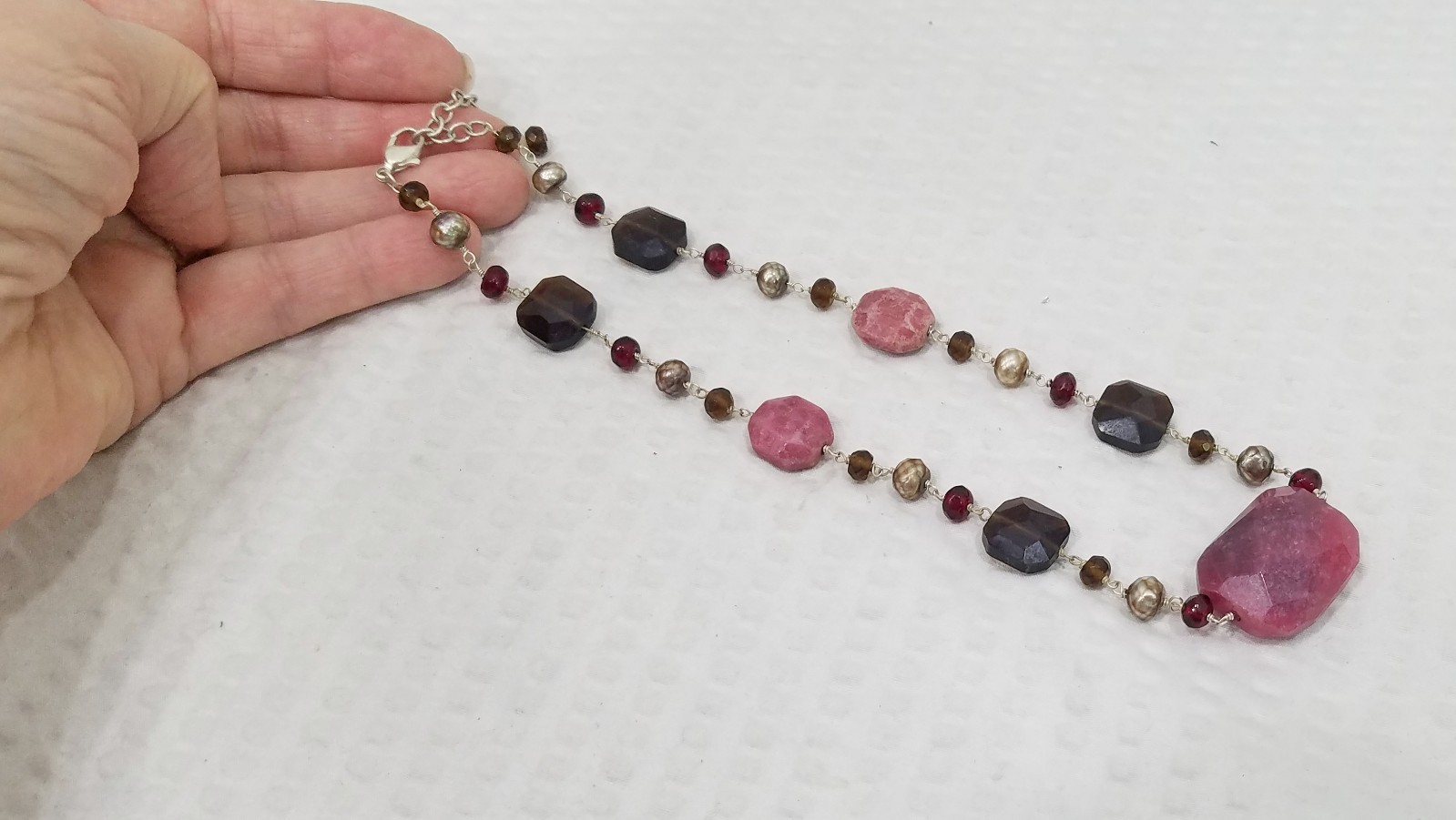 Vintage Muted Pink Faceted Jasper & Brown Crystal Rosary Style Choker Necklace