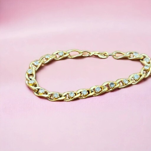 Vintage Rhinestone Curve Chain Link Bracelet Blue Gold Tone Classic Basic Daily