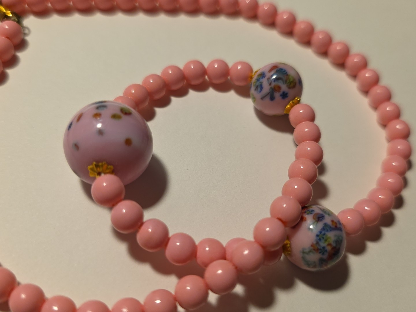 Vintage Pink Glass Millefiori & Pink Painted Glass Beads Necklace 18 3/4″L