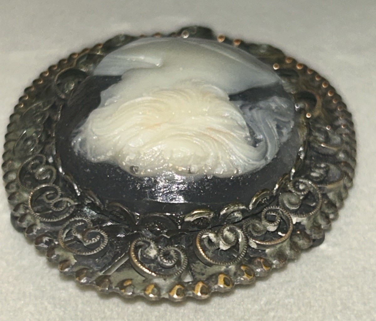 Vintage Cameo Brooch Black & White Lady Filigree Frame 2.75” Statement 1960 Gold