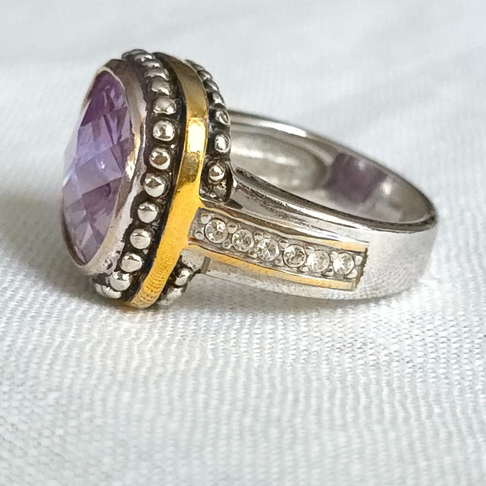 Sterling Silver Lavender CZ Ring Cushion Cut Gold Accent Halo Size 7.5 Statement