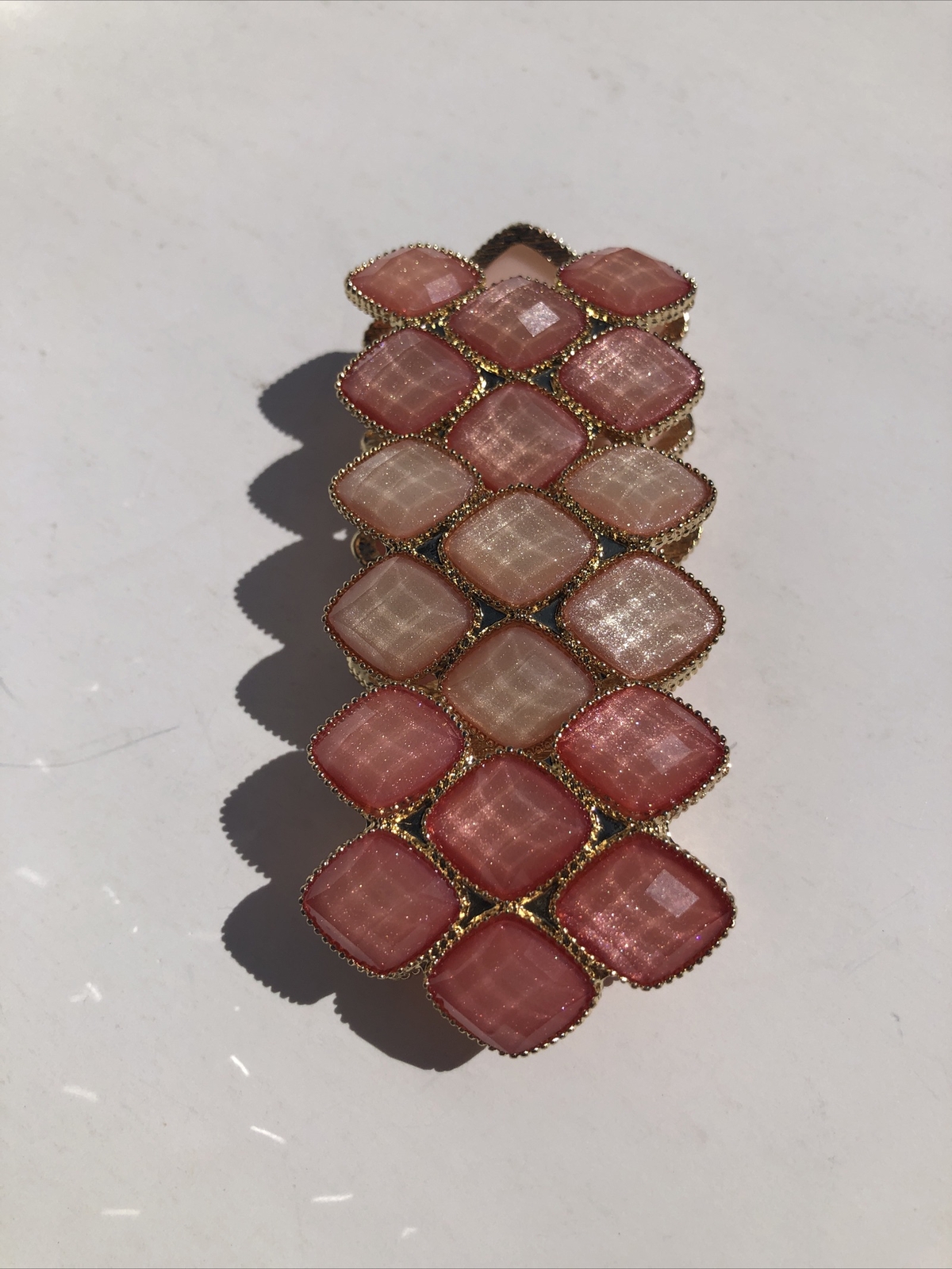 Pink Stone Stretch Cuff Bracelet Gold Tone Statement Piece Costume Jewelry