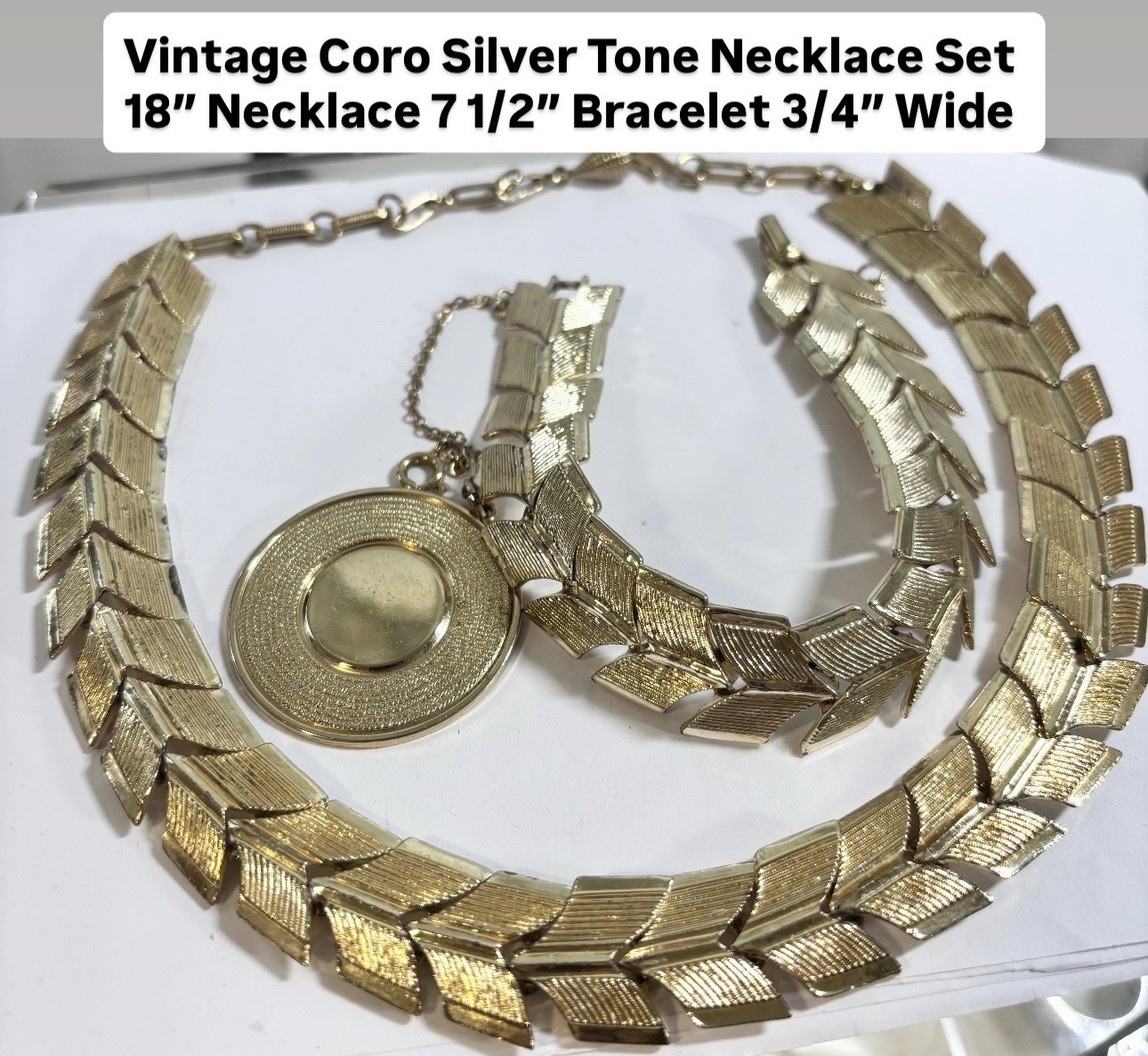 Vintage Coro Silver Tone Necklace Bracelet Set 18” 7 1/2” 3/4” Wide